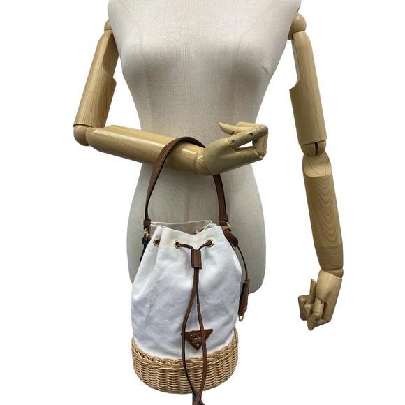 Prada Wicker Bucket Drawstring Handbag White - Picture 10 of 11